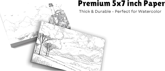 Artwink Watercolor Coloring Cards – Landscape Theme, 15 Sheets (5x7 Inches, 300gsm), Works with Watercolor, Colored Pencils, or Markers, Great for Coloring Book Lovers & Watercolor Painting Practice