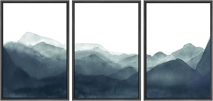 SIGNWIN Framed Canvas Print Wall Art Blue & Green Mountains in Fog Nature Wilderness Illustrations Modern Art Rustic Scenic Relax/Calm Cool for Living Room, Bedroom, Office - 16"x24"x3 Black
