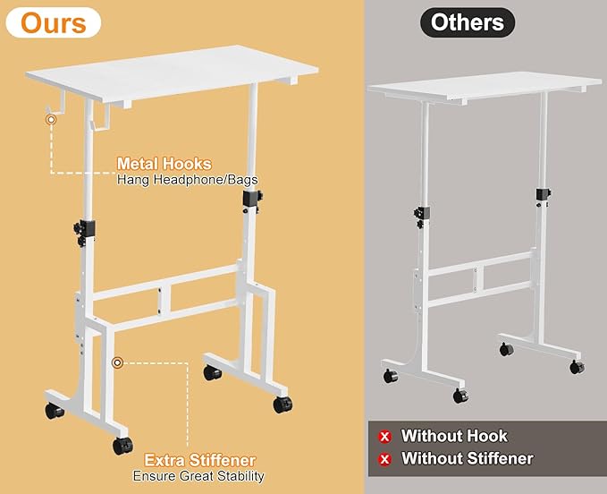 Small Adjustable Height Standing Desk With 2 Hooks, Rolling Sit Stand Up Desk With Wheels, Adjustable Mobile Portable Table For Walking Pad Laptop Treadmill Computer, 4 Height Levels, 2 Hooks