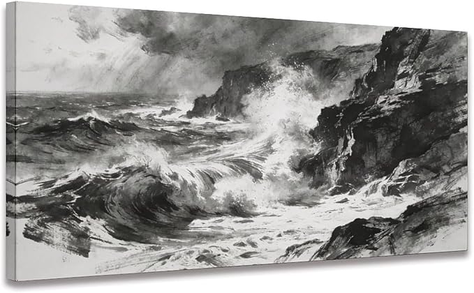 Black White Ocean Wave Framed Canvas Wall Art for Living Room, Coastal Decor 24" L x 12" W