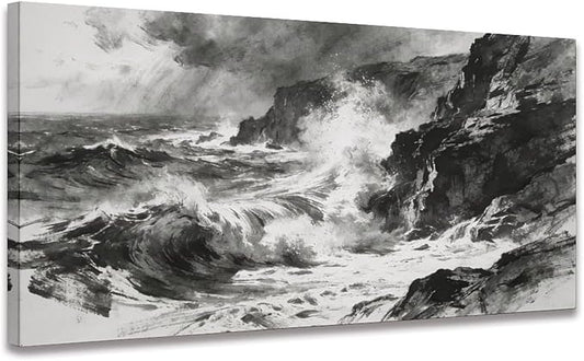 Black White Ocean Wave Framed Canvas Wall Art for Living Room, Coastal Decor 58" L x 28" W