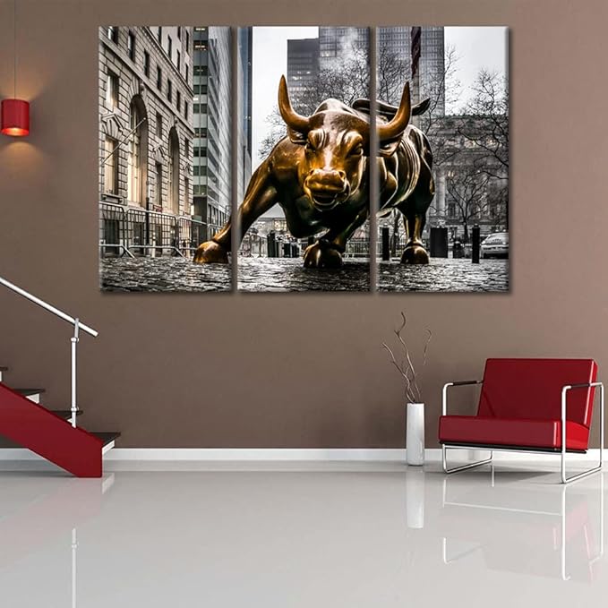 TUMOVO Modern Wall Decor 3 Panel Powerful Copper Bull Wall Art for Living Room Office Wall Decor Copper Bull Picture Painting Print on Canvas Stretched and Framed Ready to Hang - 60" Wx40 H