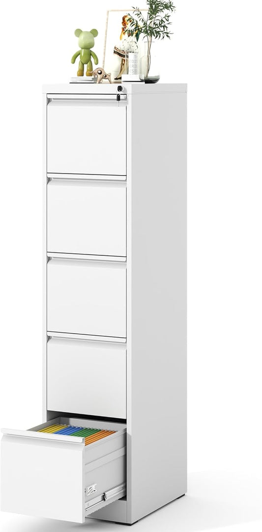 5 Drawer File Cabinet, Vertical File Cabinets with Lock for Home Office,Heavy Duty Office Steel Filing Cabinet for Hanging Letters/Legal/A4, Assembly Required (White)