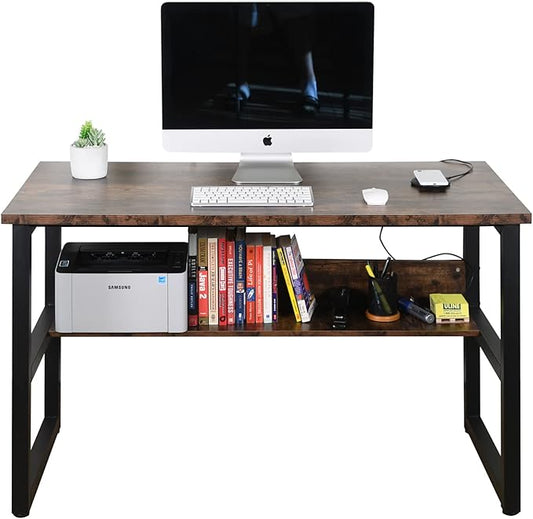 Computer Study Desk with Bookshelf, Large Home Office Desk with Storage and Shelf Industrial Study Writing Drawing Table with Space Saving Design Modern Simple Style Laptop Table