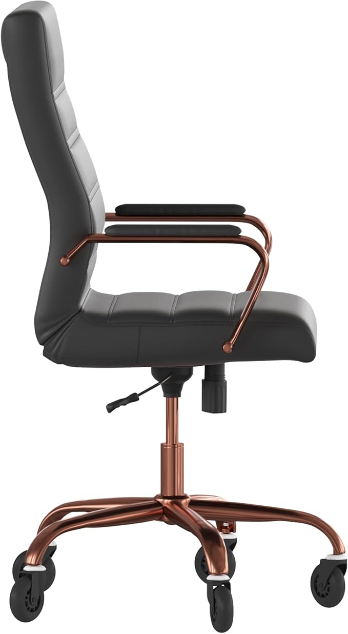 Flash Furniture Whitney High Back Black LeatherSoft Executive Swivel Office Chair with Rose Gold Frame, Arms, and Transparent Roller Wheels