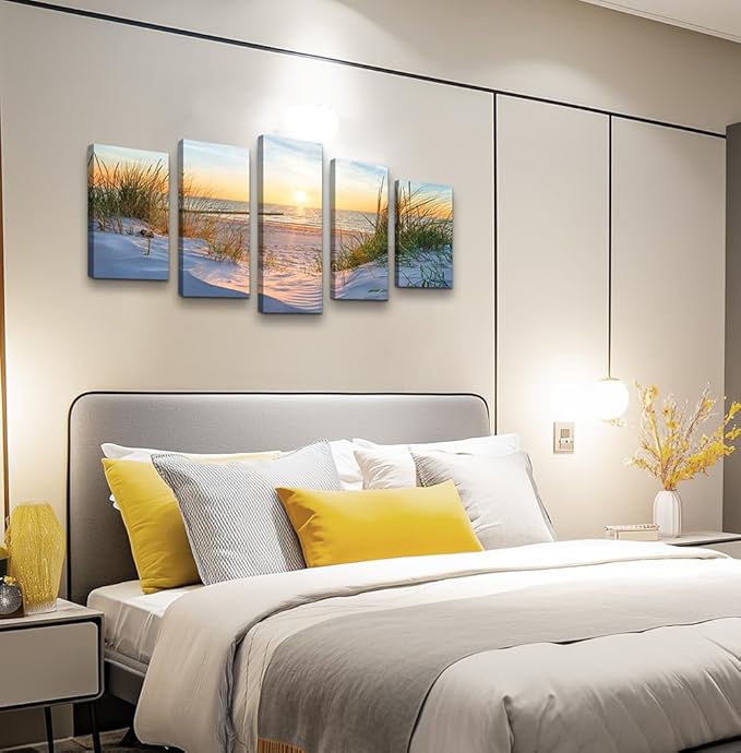Canvas Wall Art For Living Room Large Size Wall Decor For Bedrooms Beach Grass Blue Ocean Landscape Painting Office Wall Decorations Seascape Print Canvas Pictures Artwork Home Decor Works 5 Piece