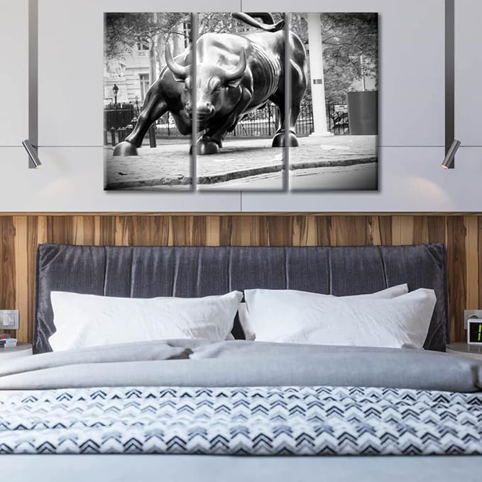 TUMOVO Black and White Canvas Wall Art Multi Panel Wall Street Bull Canvas Prints Pictures Modern Artwork for Bedroom Home Decorations Posters Stretched Framed Ready to Hang - 36" Wx24 H