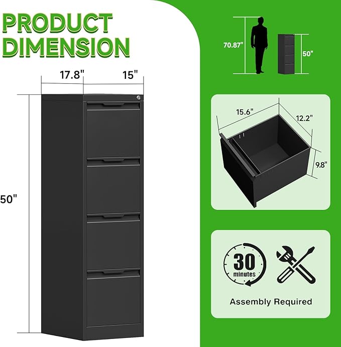 4 Drawer File Cabinet with Lock,Metal Vertical Filing Cabinets for Home Office,Heavy Duty File Storage Cabinet for Letter/Legal/A4/F4 Size File,Easy to Assemble,Black