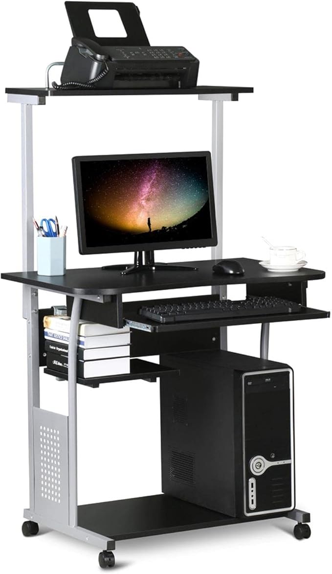 Yaheetech 2 Tier Mobile Computer Desk with Printer Shelf & Keyboard Tray Rolling Computer Table for Small Spaces, Compact Study Workstation with Wheels, Space Saving, Black