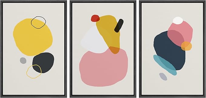SIGNFORD Framed Wall Art Print Set Yellow, Pink, Black & Blue Transparent Blots Abstract Shapes Digital Art Modern Art Contemporary Colorful for Living Room, Bedroom, Office - 16"x24"x3 Black