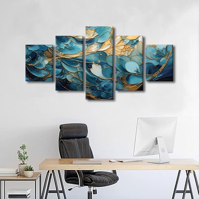 Abstract Canvas Wall Art Modern Marble Artwork Wall Art Decor Blue and Gold Abstract Pattern Printing 5 Panel Canvas Poster for Men Lady Bedroom Decor Stretched and Framed Ready to Hang 60x32 in