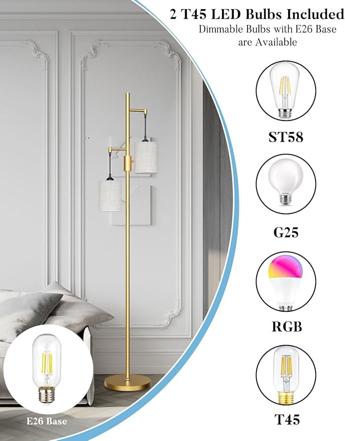 Lightdot 65IN Gold Floor Lamp for Living Room, Industrial 2-Light Tree Floor Lamps with Linen Shade, Mid Century Modern Standing Tall Pole Lamp for Bedroom/Sofa Beside/Corner Decor-Gold(Bulb Included)