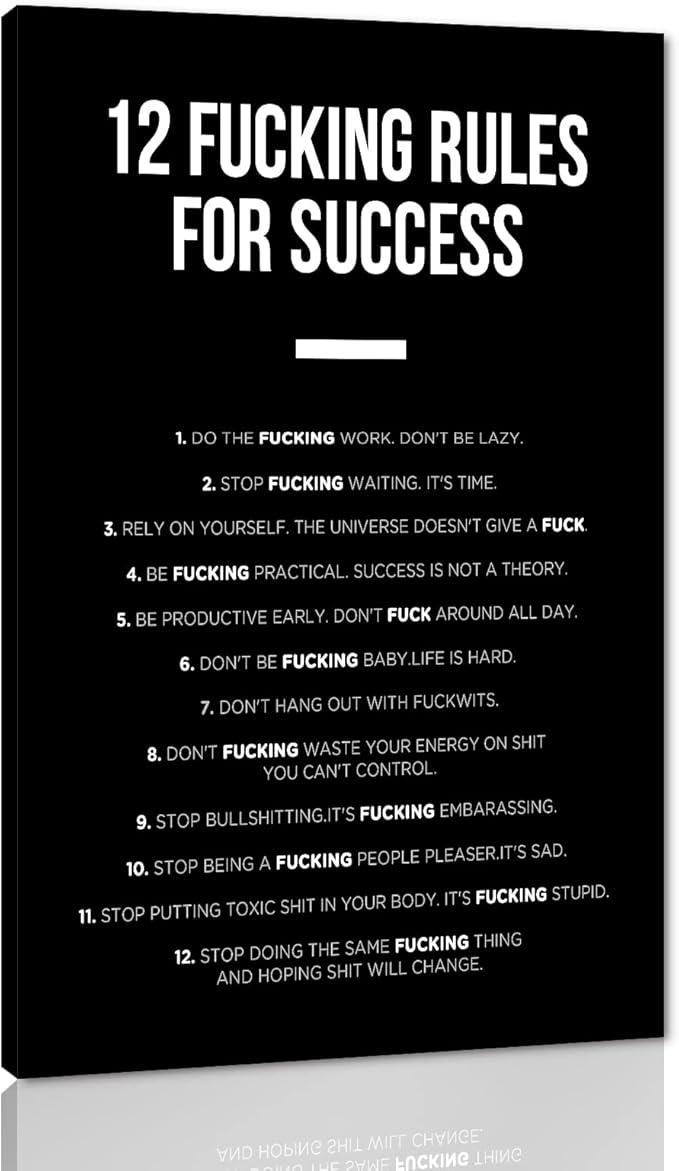 Motivational Wall Art 12 Fucking Rules for Office Wall Decor Inspirational Quotes Poster Success Entrepreneur Art Black and White Paintings Picture Success, Framed 28 x 44 in