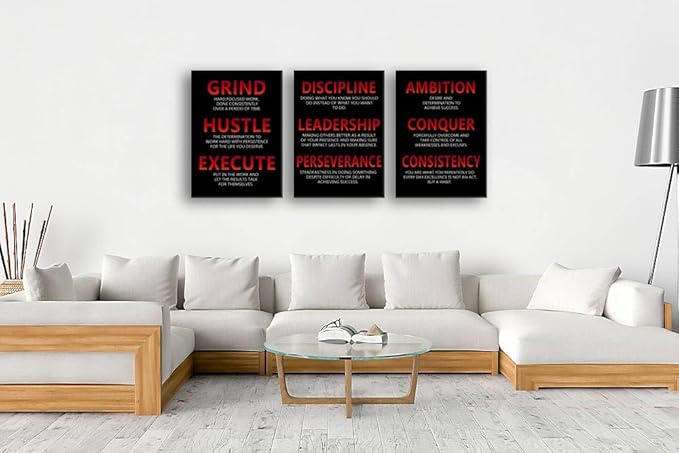 Inspirational Canvas Painting Wall Art Inspiring Quote Wall Art Discipline Grind Consistency 3 Pieces Positive Poster Motivational Artwork Prints Picture Living Room Office Home Framed [60''Wx 28''H]