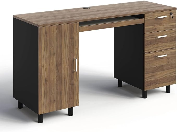 Modern Design Venice Computer Office Desk with 3 Locking Drawers and Storage Cabinet, 53 Inch Home and Office Executive Walnut and Black Desk with Keyboard Tray by Crafts and Comfort