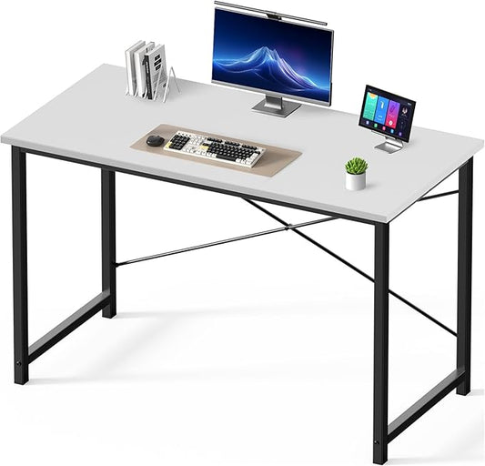 DUMOS 47 Inch Computer Desk for Home Office, Modern Study Work Table Simple Style for Bedroom, Writing Desks with X-Shaped Reinforcement, Wood White