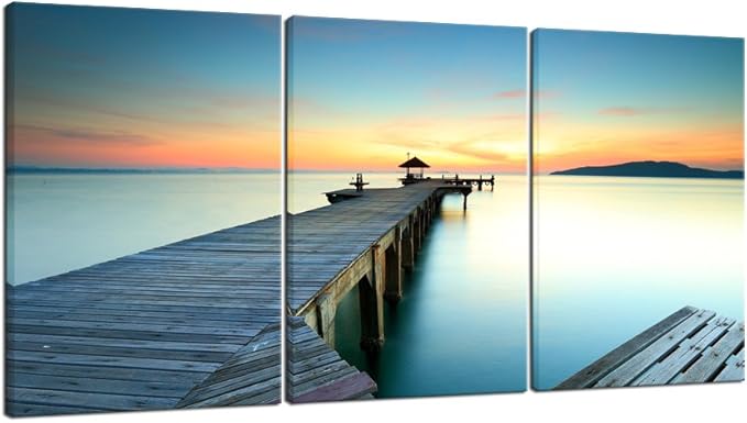 Wieco Art Bridges over the Sea Large Canvas Prints Wall Art Seascape Pictures Paintings for Bathroom Living Room Home Decorations 3 Panels Modern Gallery Wrapped Ocean Sea Beach Giclee Artwork L