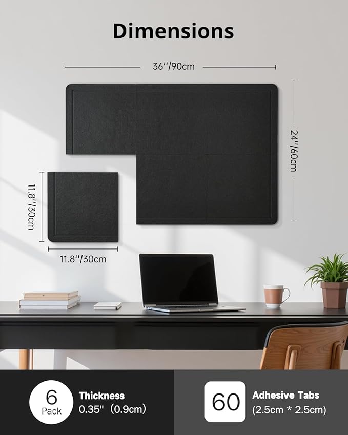 Bulletin Board, 36 x 24 inches Cork Board Alternative, 6 Pack 12"X12"X0.4" Felt Pin Boards for Walls Home Office Decor, Classroom with 30 Adhesive Tabs Black