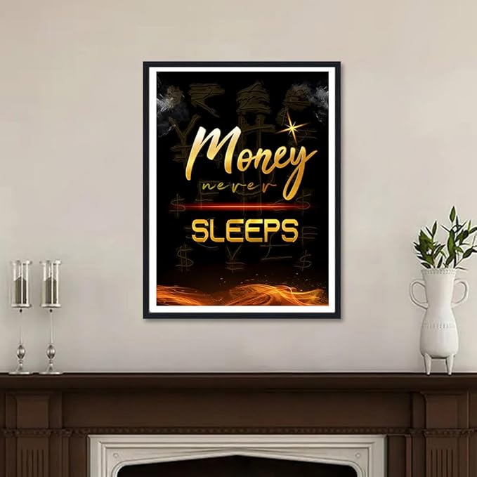 Money Wall Art Money Never Sleeps Text Motivational Posters Inspirational Entrepreneur Wall Decor Canvas Print Artwork for Office Living Room Decor Ready to Hang 12X16inch