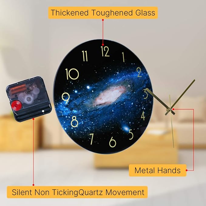 VIKMARI Black Wall Clock 12 Inch Round Silent Non-Ticking Quartz Battery Operated Wall Clocks Glass Night Sky Pattern Decorative Arabic Numerial Clock for Kitchen Living Room Dining Room and Bedroom