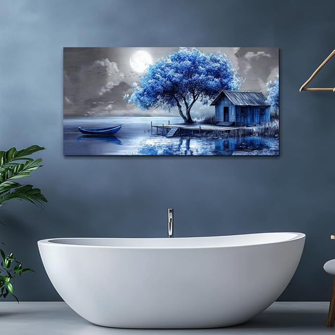 QIYILEXWART Large Wall Decor For Living Room Canvas Wall Art For Office Modern Wall Decorations For Bedroom Blue Tree Landscape Painting Abstract Pictures Artwork Room Home Decor 24x48 In
