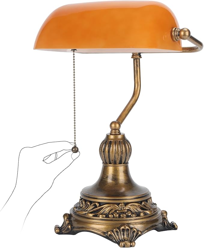 NISSAFORS Bankers Lamp with Pull Switch, Amber Glass Desk Lamp with Retro Black/Gold Finish, Vintage Table Lamps for Living Room, Library, Piano(Amber)