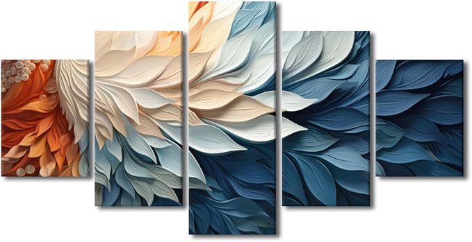 Abstract Canvas Wall Art Decor Modern Living Room Wall Art for Men Blue White Orange Poster Printing 5 Panel Home Decor for Lady Bedroom Office Wall Decor Stretched and Framed Ready to Hang 60x32 in