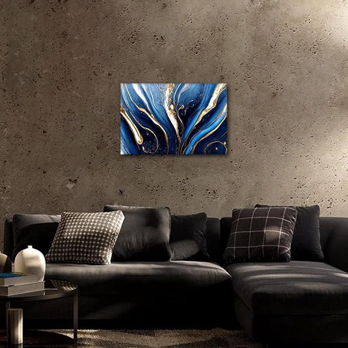 Canvas Wall Decor Modern Abstract Marble Art Picture Printing Blue Gold and White Colors Poster 1 Panel Canvas Wall Artwork for Boy Bedroom Wall Decor Stretched and Framed Ready to Hang 18x12 in