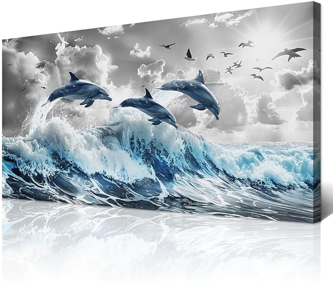 Wapluam Large Wall Decor For Living Room Framed Canvas Wall Art For Bedroom Blue Waves Of The Sea Wall Pictures Artwork Fashion Office Canvas Art Prints Dolphins Seascape Paintings Home Decoration