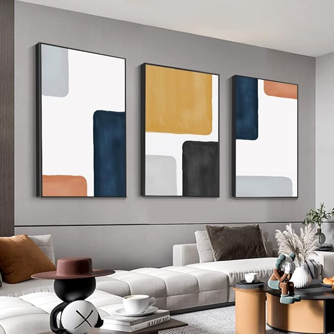 MPLONG Framed Wall Art Modern Abstract Canvas Wall Art 3 Piece Set Of Painted Prints Boho Style For Living Room Bathroom Kitchen Office Wall Decor Canvas Artwork (Black)