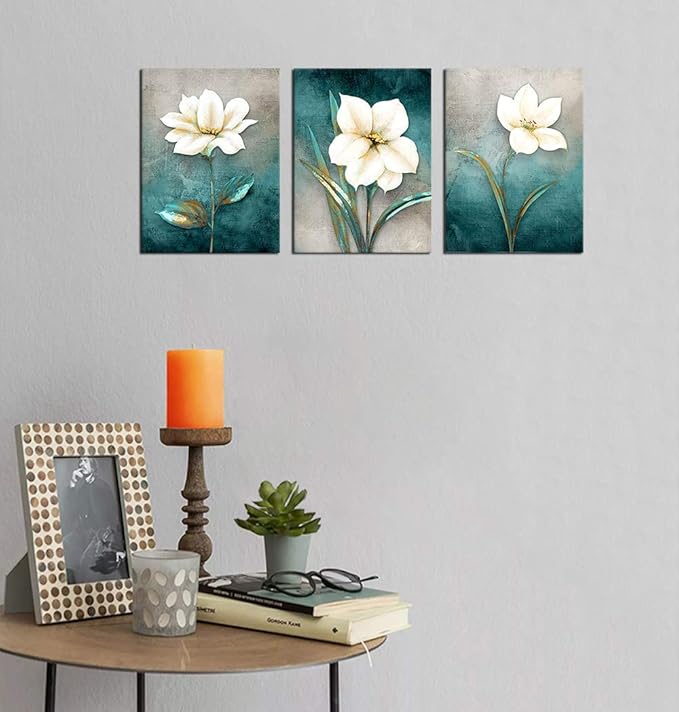Flower Canvas Wall Art Cream White Floral Wall Decor Turquoise Tealish Grey Background Canvas Picture Modern Rustic Artwork Bathroom Bedroom Living Room Home Office Decoration 12" x 16" x 3 Pieces