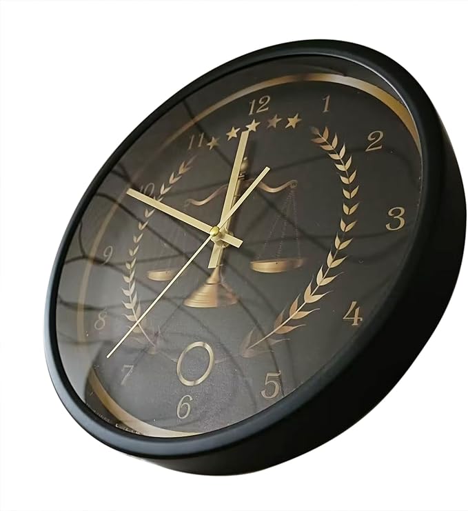 Scale of Justice Metal Frame Round Clock, Battery Operated Quartz Non Ticking Judge Law Black Aluminum Frame Wall Clock for Lawyer Office Decor Law Firm Office School Living Room Wall Art