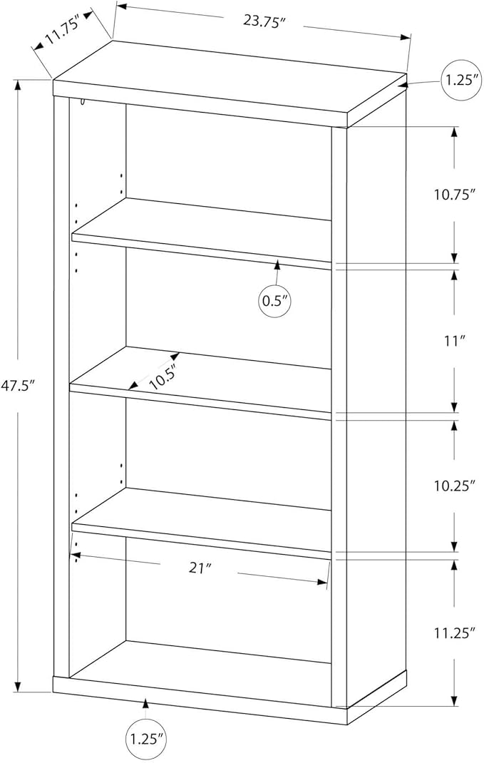 Monarch Specialties Bookcase - Sturdy Etagere with 3 Adjustable Book Shelves - 48”H (Grey)