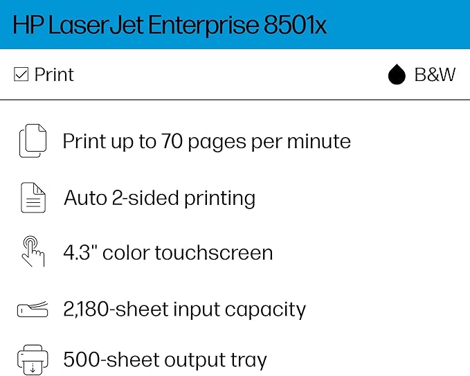 HP Laserjet Enterprise 8501x Monochrome Printer, Scanner, Copier, Duplex, Best for Office, AJ7J3A