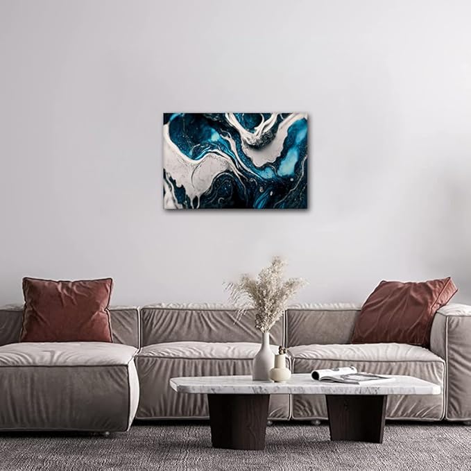 Canvas Wall Art for Lady for Living Room 1 Panel Wall Art Abstract Blue Liquid Ink Picture Prints on Canvas for Minimalist Enthusiasts Office Wall Decor Stretched and Framed Ready to Hang 18x12 in