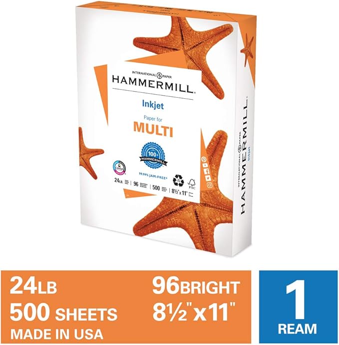 Hammermill Printer Paper, Multipurpose Inkjet Paper 24 lb, 8.5 x 11-96 Bright, Made in the USA, 105050R - 1 Ream (500 Sheets)