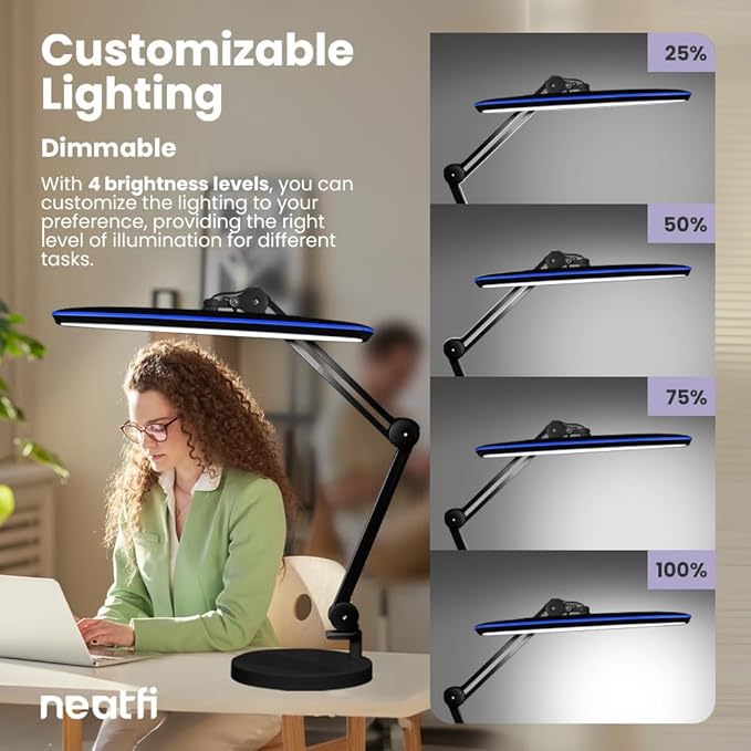 Neatfi XL 24W LED Desk Lamp with Base – 2,200 Lumens | 23” Wide Shade | Dimmable Eye-Caring Task Light | Adjustable Arm | Office, Study, Crafting & Nail Techs (Black, Non-CCT with Base)