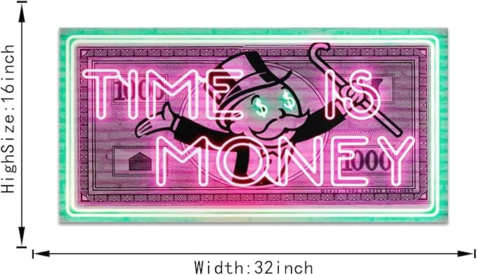 Time Is Money Show me the Money Motivational Office Canvas Art Green Pink Inspirational Wall Art Canvas Print Home Office Room Decor Inspirational Framed Easy to Hang-48 inchx24 inch