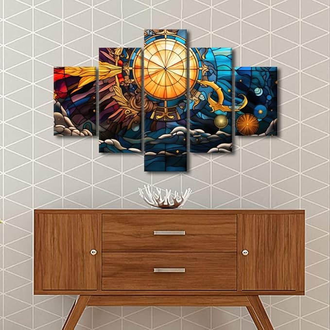 Canvas Wall Art for Home Modern Living Room Decor Stained Glass Style Poster Prints Sea Sun Moon Stars Anchor Painting Art 5 Panel Office Wall Decor Stretched and Framed Ready to Hang 60x40 in