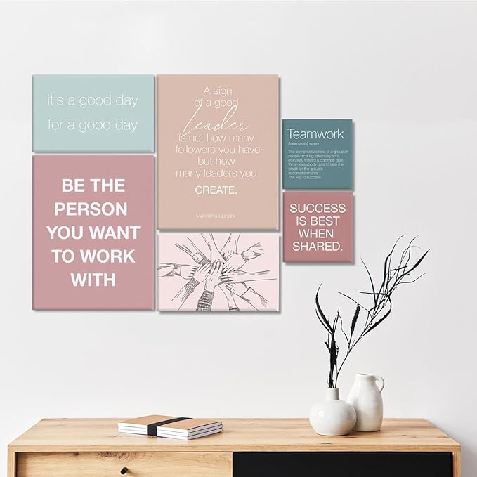 YEOION Inspirational Office Wall Art for Women,Motivational Teamwork Wall Decor for Office,Light Green and Pink Postive Quote Workplace Canvas Wall Art for Set of 6