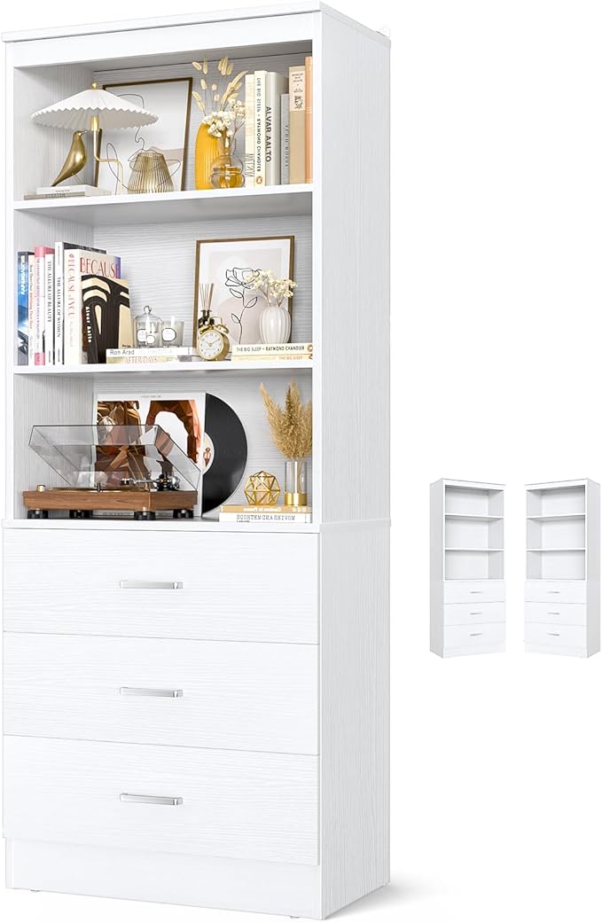 Aheaplus 71 Inches Bookshelf with Drawers, Wooden Bookcase with Open Shelves, 6-Tier Tall Storage Cabinet Book Shelf Storage Organizer for Living Room, Home Office, White (No Charge Station)