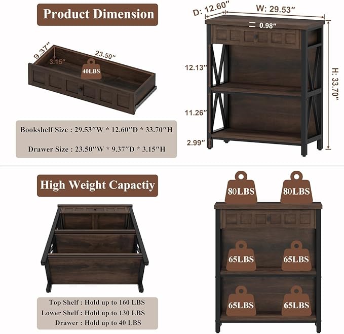 FATORRI Small Bookcase with Drawer, Industrial 3 Shelf Bookshelf, Wood and Metal Book Shelf, Short Book Shelves and Low Book case for Small Space (Rustic Brown)