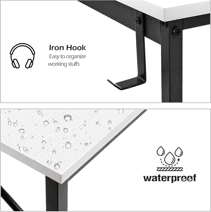 Lufeiya Computer Desk White Writing Table for Small Spaces Home Office 39 Inch Modern Study PC Desk with Storage Bag Hook, White Black