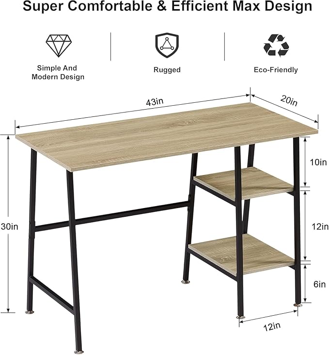 VECELO 43 Inch Computer Desk Writing Study Work Office Table Modern Desk with Shelves Wooden Desk for Home Bedroom,Oak Desk