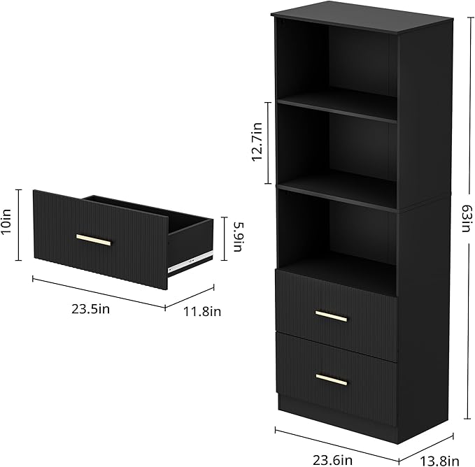 Black Bookshelf with Drawers, 63" Tall Bookshelf with Storage, 3 Shelf Modern Bookcase with Adjustable Shelf, Open Shelves Bookcase, Unique Book Shelf forHome Office, Living Room, Black