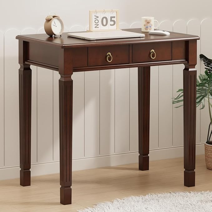 LEEMTORIG Traditional Solid Wood Writing Desk, Small Secretary Desk with 2 Drawers, Mahogany Desk Cherry Wood Writing Table for Home Office, 31.5" W French Provincial Desk, Cherry Walnut SSZ-D1258
