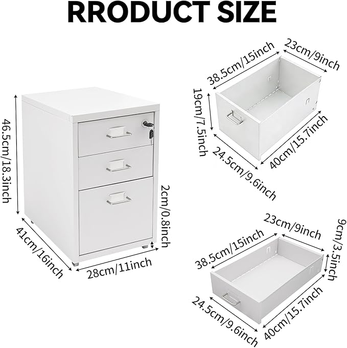 3 Drawer File Cabinet, Lockable Small Filing Cabinet for Home Office, with Wheels, Fits A4 / Letter Size, Steel Office File Cabinets (White)