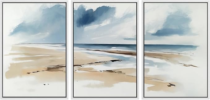 SIGNWIN Framed Canvas Print Wall Art Set Coastal Beach Horizon Blue and Tan Seascape Illustrations Modern Art Decorative Boho Relax/Zen Nordic for Living Room, Bedroom, Office - 16"x24"x3 White