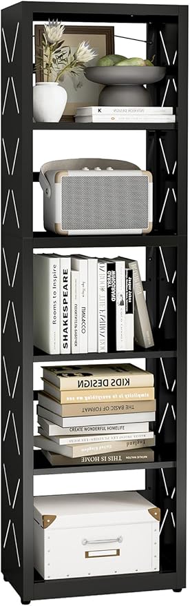 5-Tier Bookshelf, Metal Bookcase with Adjustable Shelves for Home Office, Kitchen and Garage, Modern Corner Tall Shelves with Anti-Tip Kit & Leveling Feet, Heavy-Duty Display Storage Organizer (Black)
