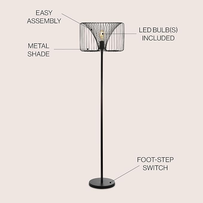 JONATHAN Y 61" Black Modern Industrial Metal LED Floor Lamp, Wire Cage Drum Shade Standing Lamp for Living Room, Bedroom, On-Off Foot-Switch, LED Bulb Included, UL Listed JYL6105A